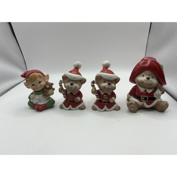 Set Of 4 Homco Christmas Figurines Bears, Elf - Picture 2 of 11